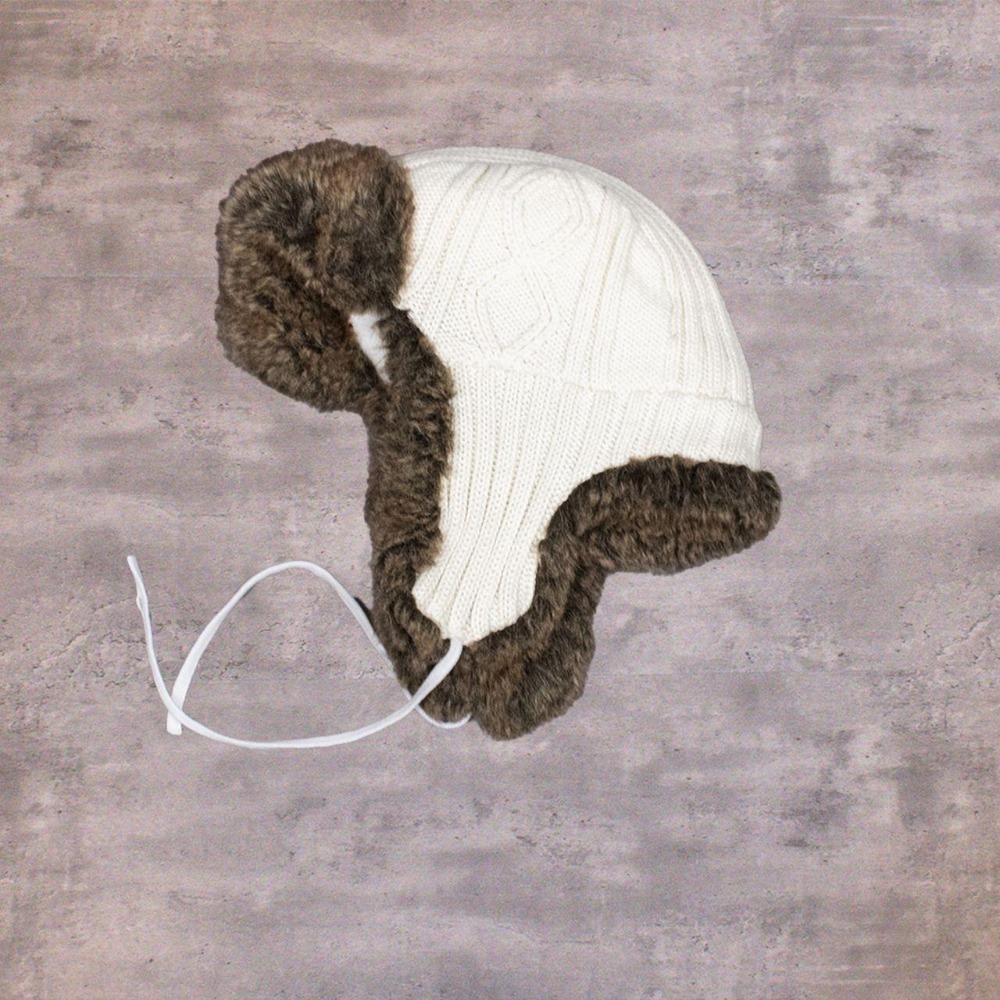 Vintage Y2K Trapper Hat Knit Faux Fur Ear Flap Winter Beanie OS